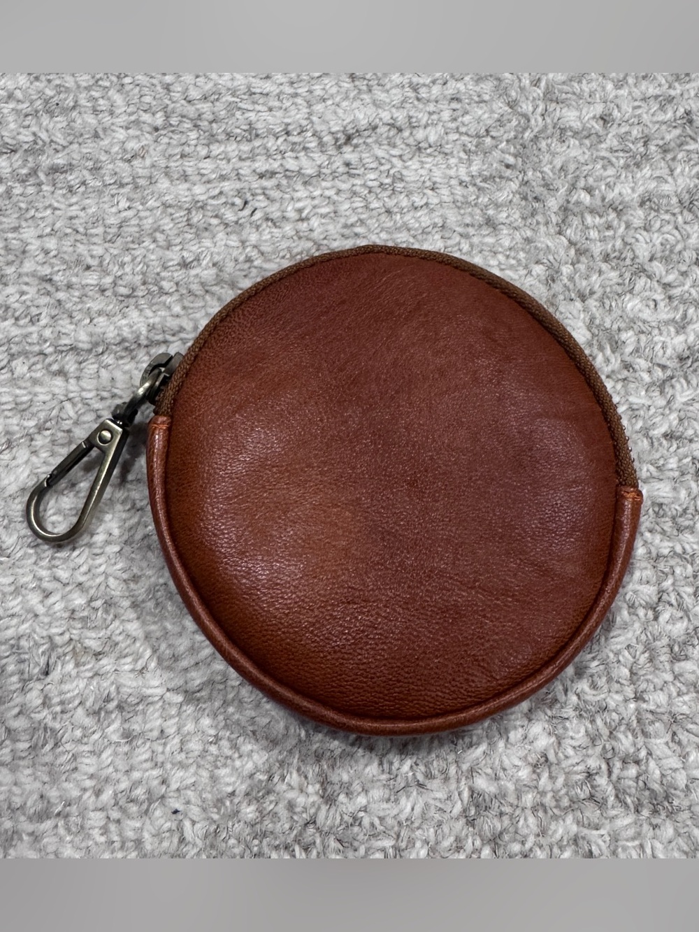 Round Brown Leather Coin Pouch with Clip